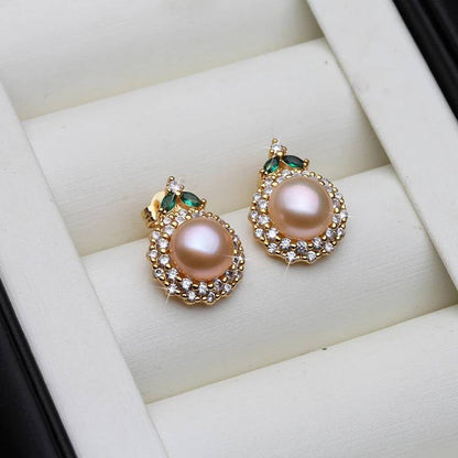 Genuine Round Freshwater Pearl Designer Earrings With Green Stone-3