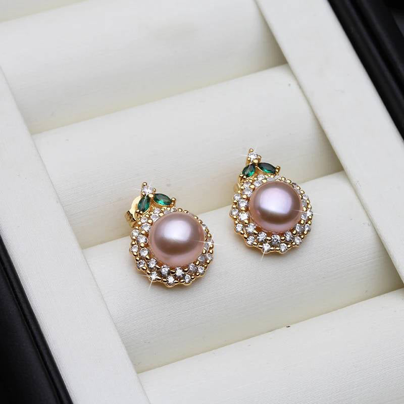 Genuine Round Freshwater Pearl Designer Earrings With Green Stone-2