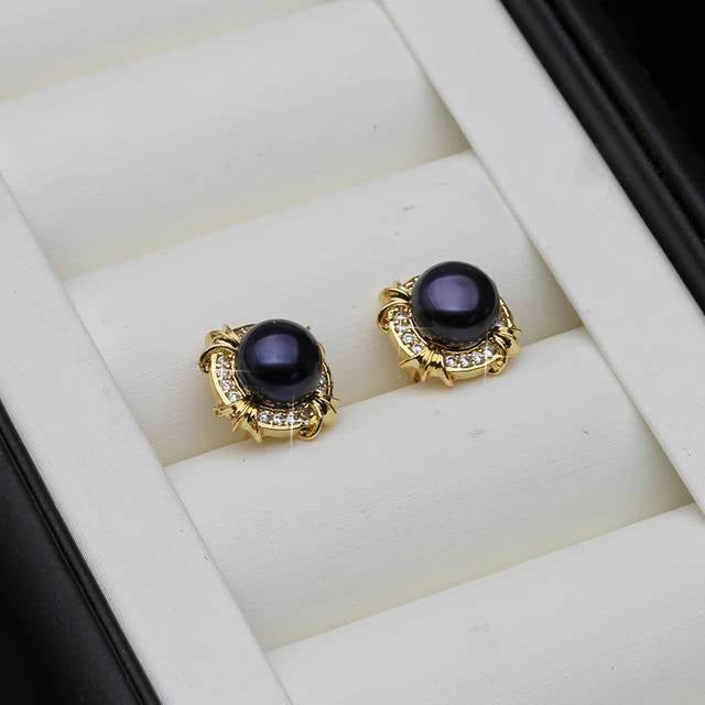 Genuine Freshwater Pearl Designer Stud Earrings with Simulated Diamonds in Gold-1
