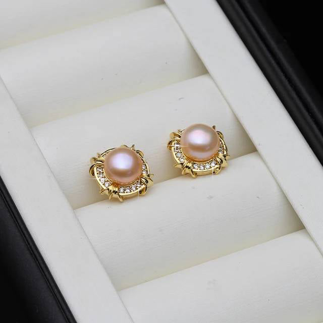 Genuine Freshwater Pearl Designer Stud Earrings with Simulated Diamonds in Gold-2