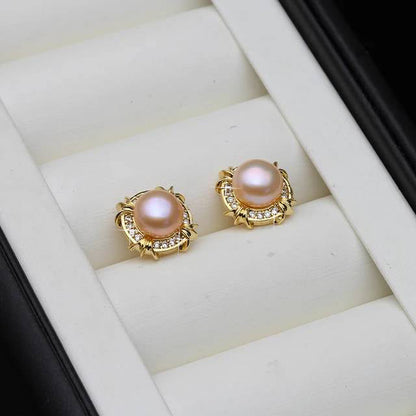Genuine Freshwater Pearl Designer Stud Earrings with Simulated Diamonds in Gold-2
