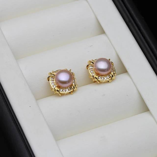 Genuine Freshwater Pearl Designer Stud Earrings with Simulated Diamonds in Gold-3