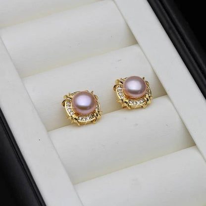 Genuine Freshwater Pearl Designer Stud Earrings with Simulated Diamonds in Gold-3