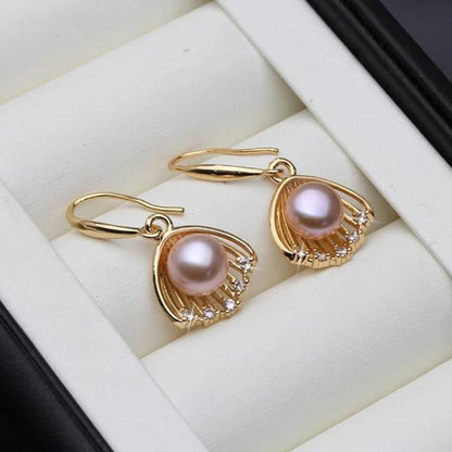 Designer Genuine Freshwater "Pearl in Shell" Dangle Earrings in Gold-2
