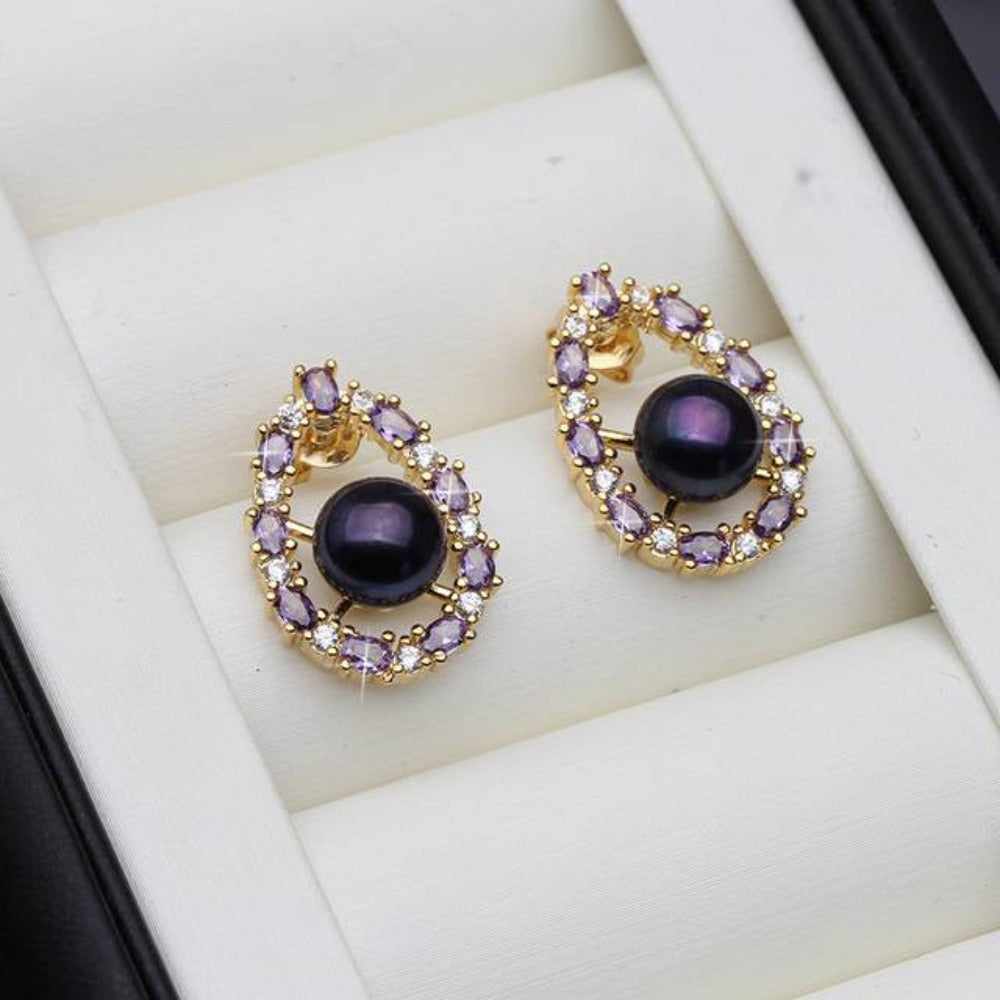 Designer Genuine Freshwater Pearl & Purple Simulated Diamond Stud Oval Earrings-0