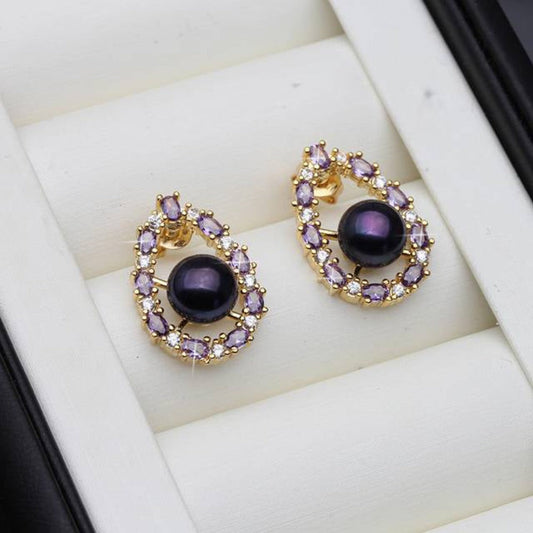 Designer Genuine Freshwater Pearl & Purple Simulated Diamond Stud Oval Earrings-0