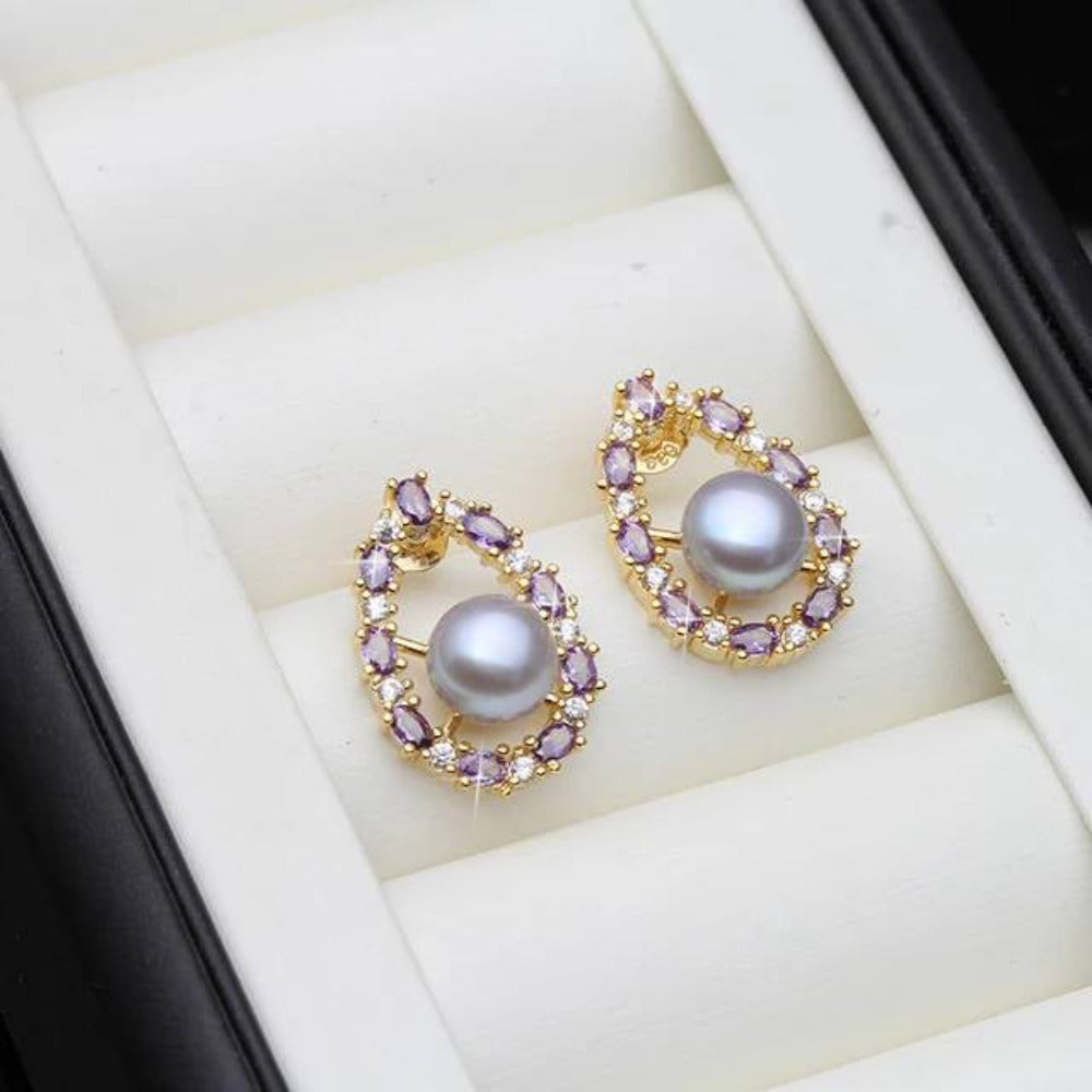 Designer Genuine Freshwater Pearl & Purple Simulated Diamond Stud Oval Earrings-4