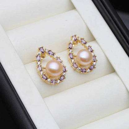 Designer Genuine Freshwater Pearl & Purple Simulated Diamond Stud Oval Earrings-2