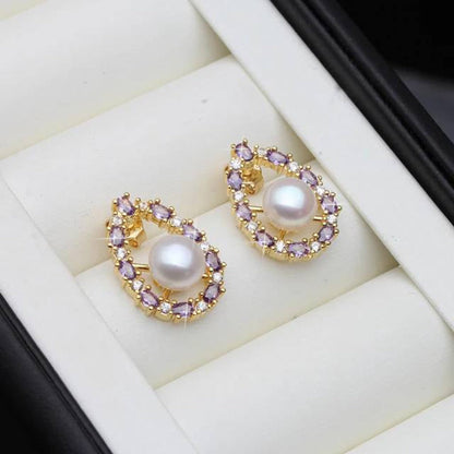 Designer Genuine Freshwater Pearl & Purple Simulated Diamond Stud Oval Earrings-1