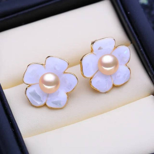 Designer Genuine Freshwater Flower Stud Earrings in Gold-0