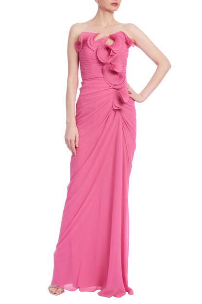 Badgley Mischka Strapless Dramatic Ruffle Front Design Back Zipper Closure Georgette Gown Dress-0