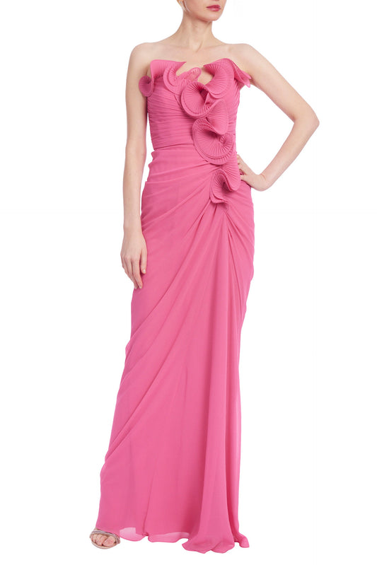 Badgley Mischka Strapless Dramatic Ruffle Front Design Back Zipper Closure Georgette Gown Dress-0
