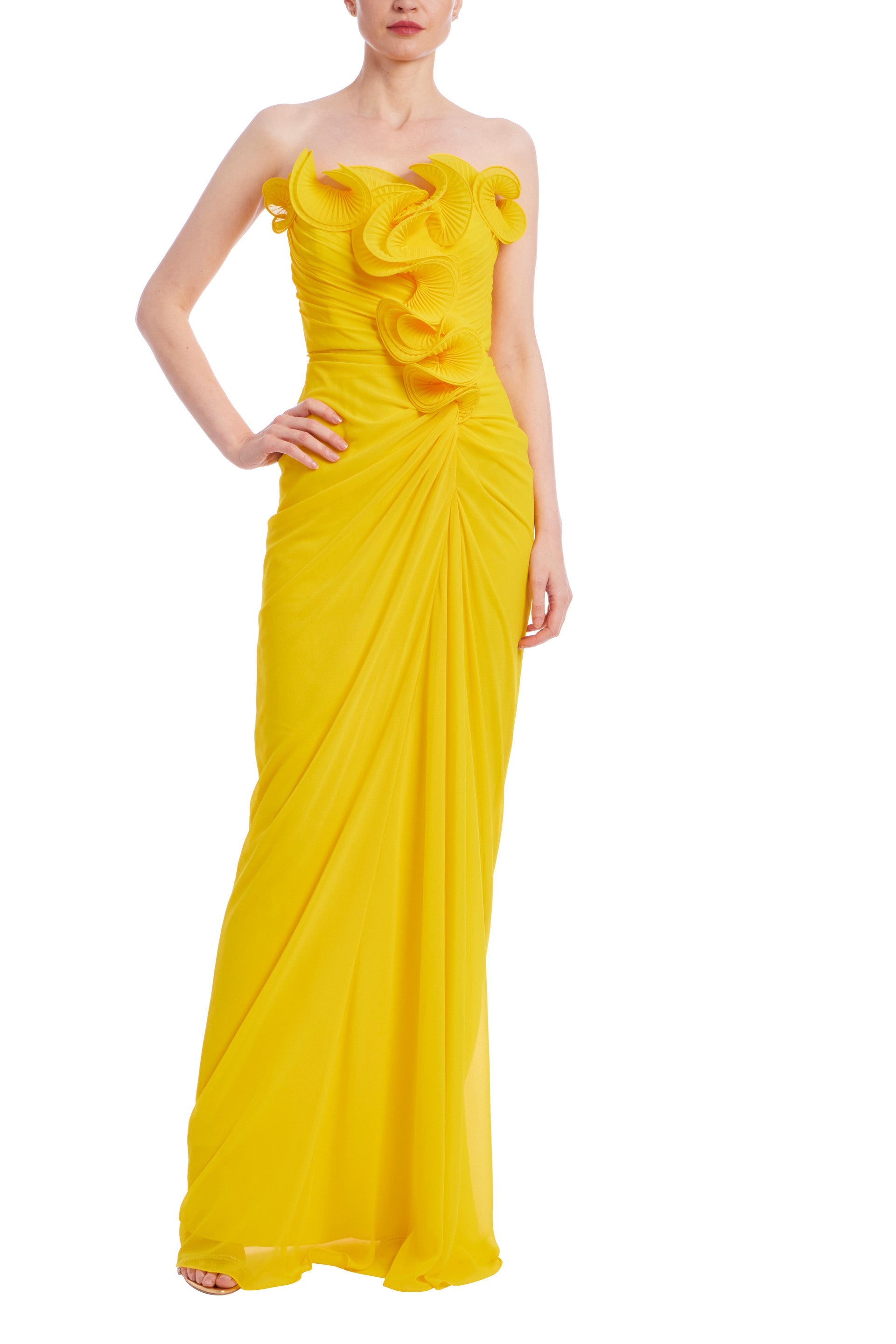 Badgley Mischka Strapless Dramatic Ruffle Front Design Back Zipper Closure Georgette Gown Dress-4