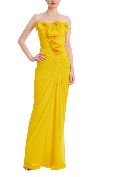 Badgley Mischka Strapless Dramatic Ruffle Front Design Back Zipper Closure Georgette Gown Dress-4