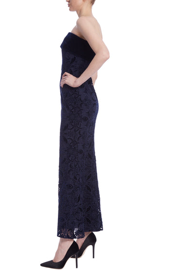 Badgley Mischka Lace Velvet Mixed Media Popover Strapless Midi Bodice Dress-1