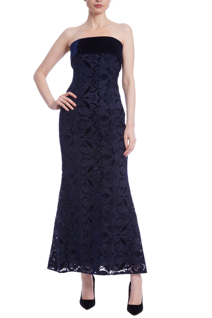 Badgley Mischka Lace Velvet Mixed Media Popover Strapless Midi Bodice Dress-0