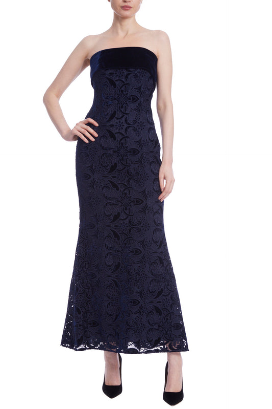Badgley Mischka Lace Velvet Mixed Media Popover Strapless Midi Bodice Dress-0