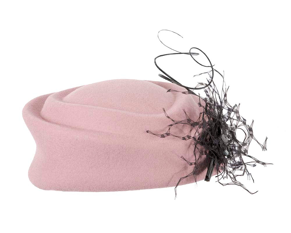 Large dusty pink winter felt pillbox hat for races