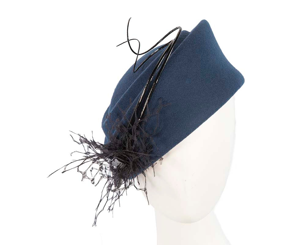 Large navy winter felt pillbox hat for races F572N-0