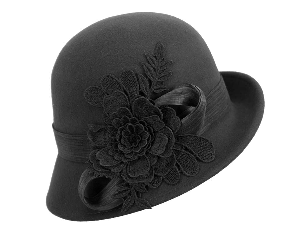Black felt cloche hat with lace by Fillies Collection-2