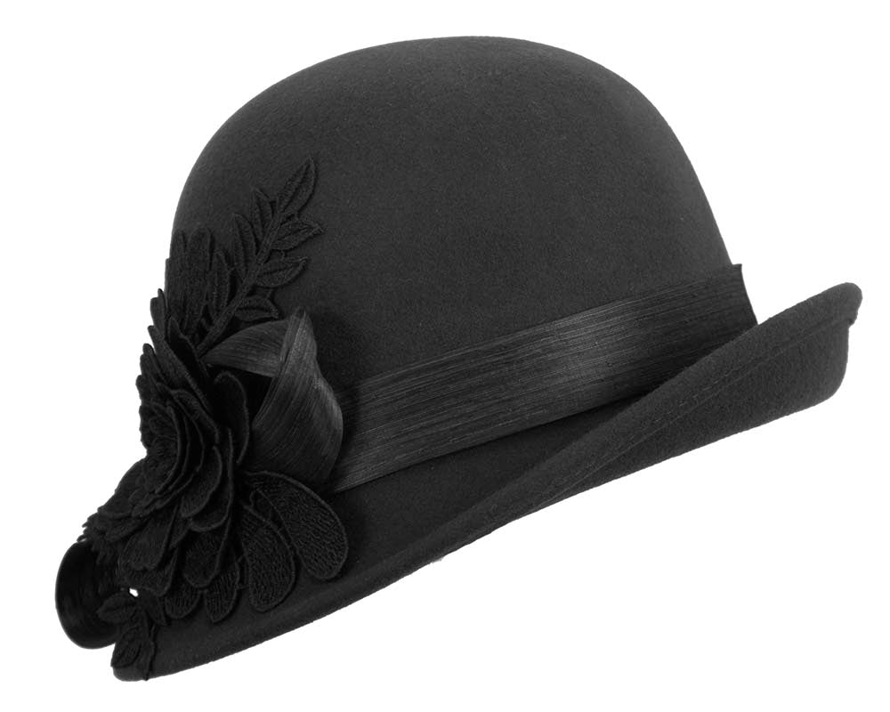 Black felt cloche hat with lace by Fillies Collection-1