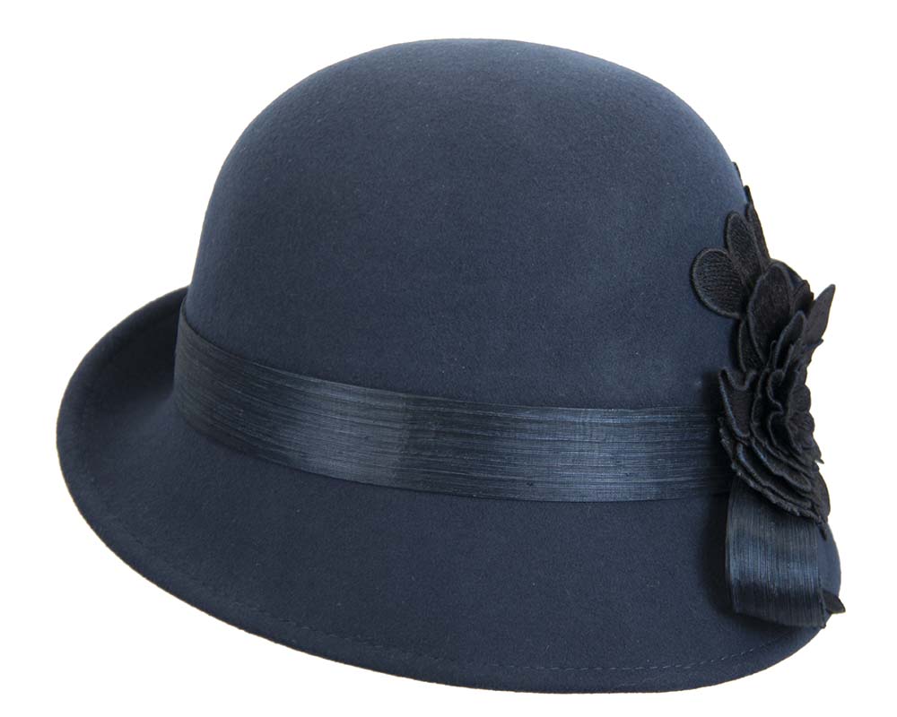 Navy felt cloche hat with lace by Fillies Collection