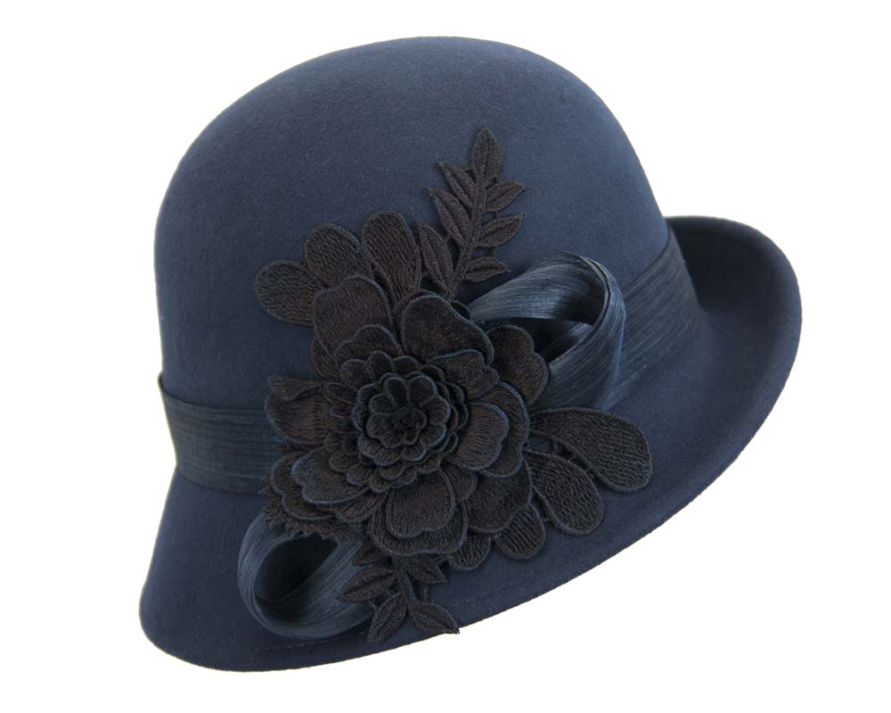 Navy felt cloche hat with lace by Fillies Collection
