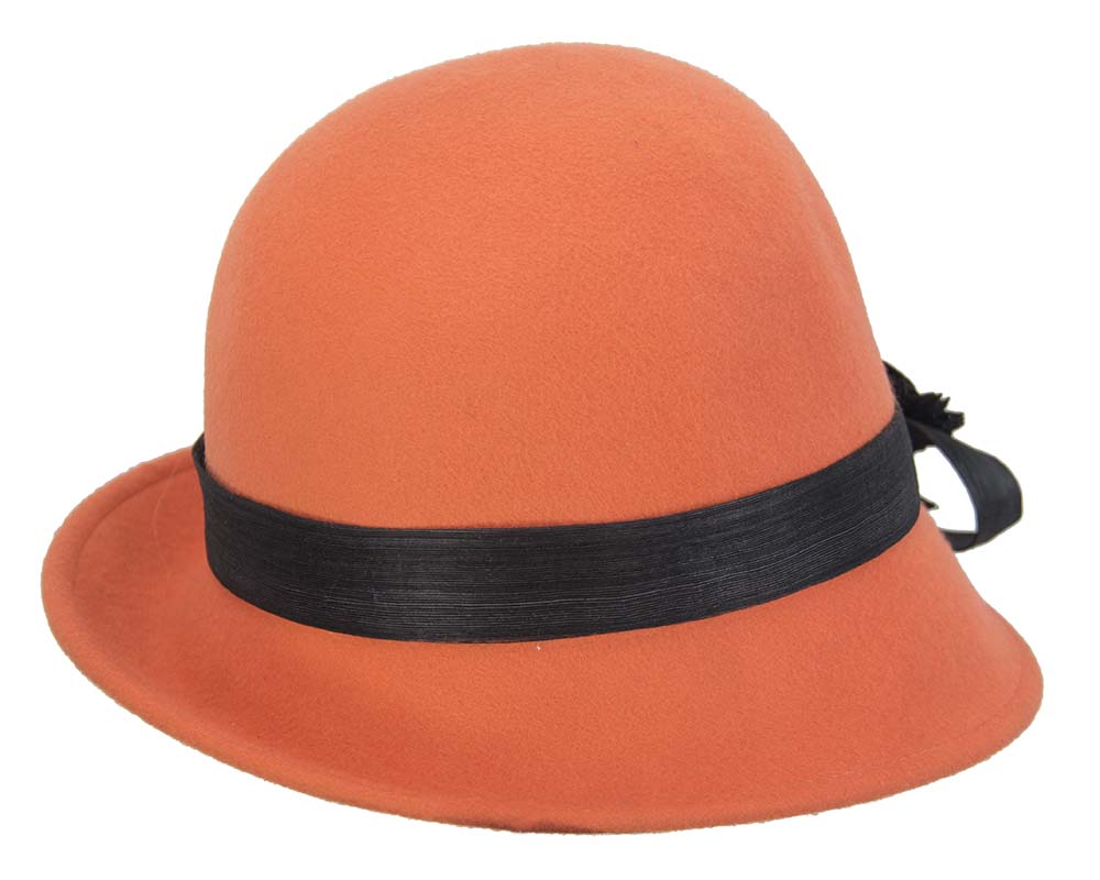 Orange felt cloche hat with lace by Fillies Collection
