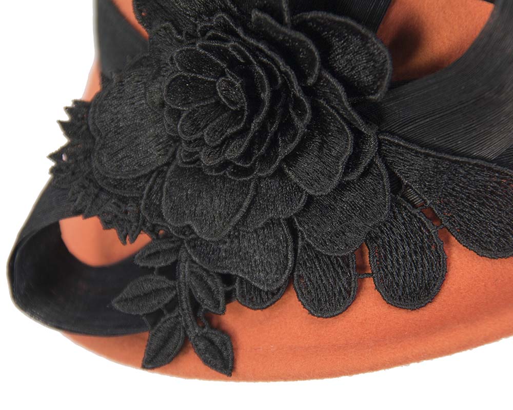 Orange felt cloche hat with lace by Fillies Collection