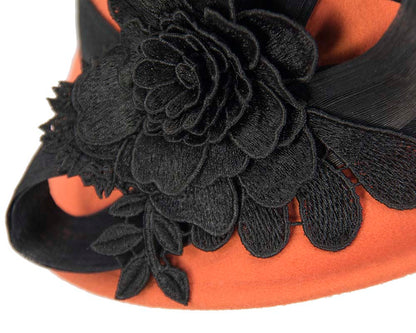 Orange felt cloche hat with lace by Fillies Collection