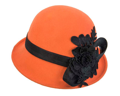 Orange felt cloche hat with lace by Fillies Collection