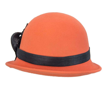 Orange felt cloche hat with lace by Fillies Collection