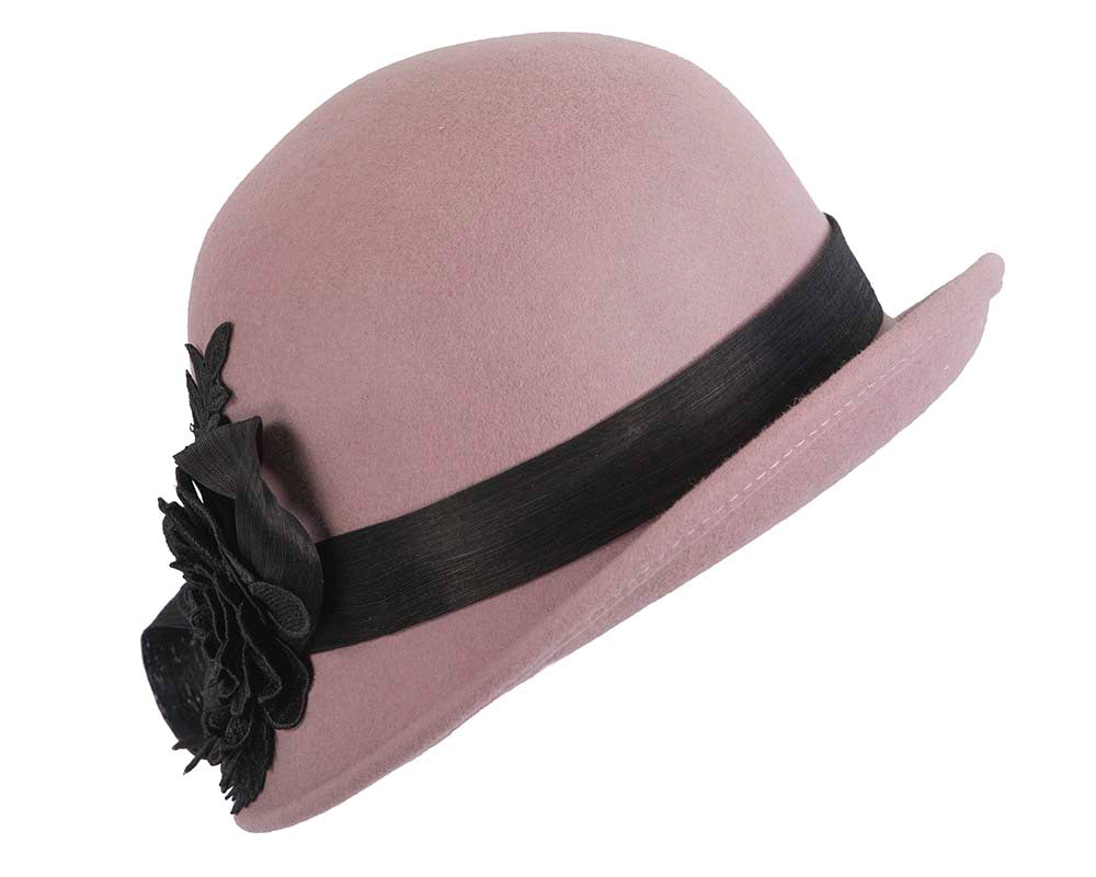 Dusty pink felt cloche hat with lace by Fillies Collection