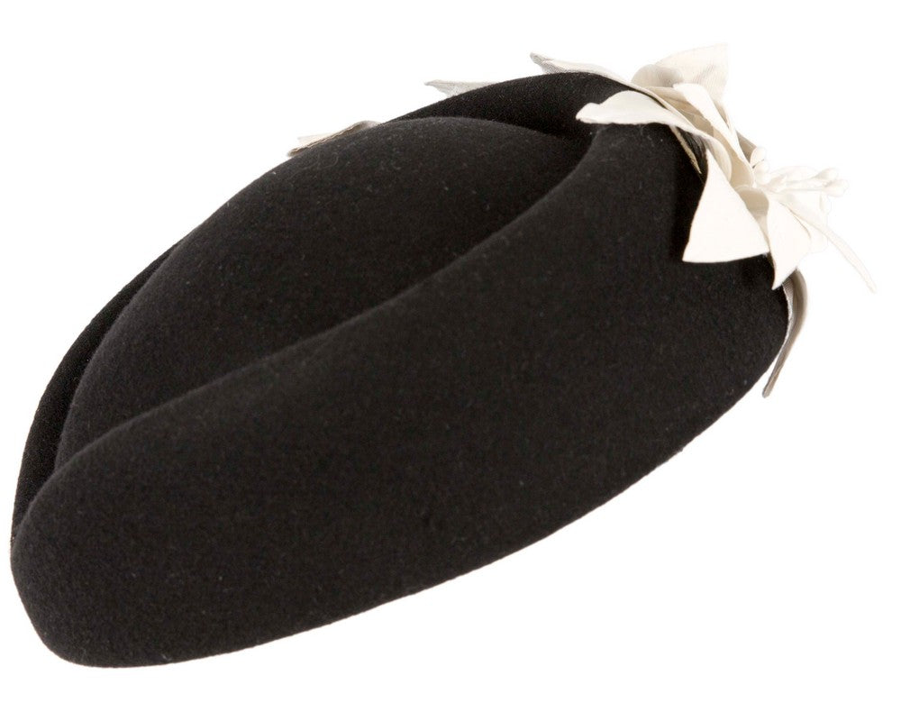 Large Black and Cream felt beret hat by Fillies Collection-3
