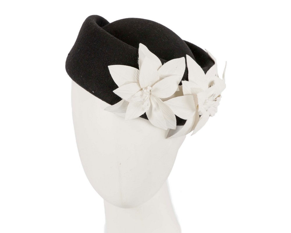 Large Black and Cream felt beret hat by Fillies Collection-1