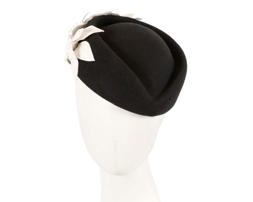 Large Black and Cream felt beret hat by Fillies Collection-0