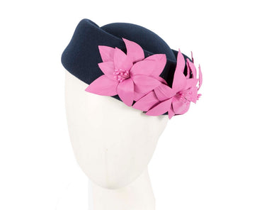Large Navy and Fuchsia felt beret hat by Fillies Collection