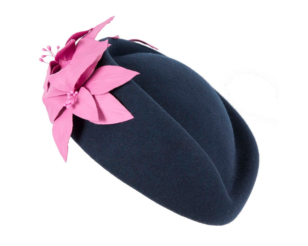Large Navy and Fuchsia felt beret hat by Fillies Collection