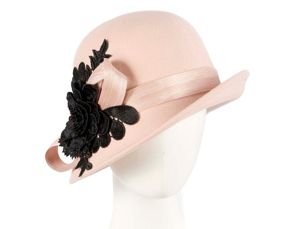 Beige felt cloche hat with lace by Fillies Collection-0