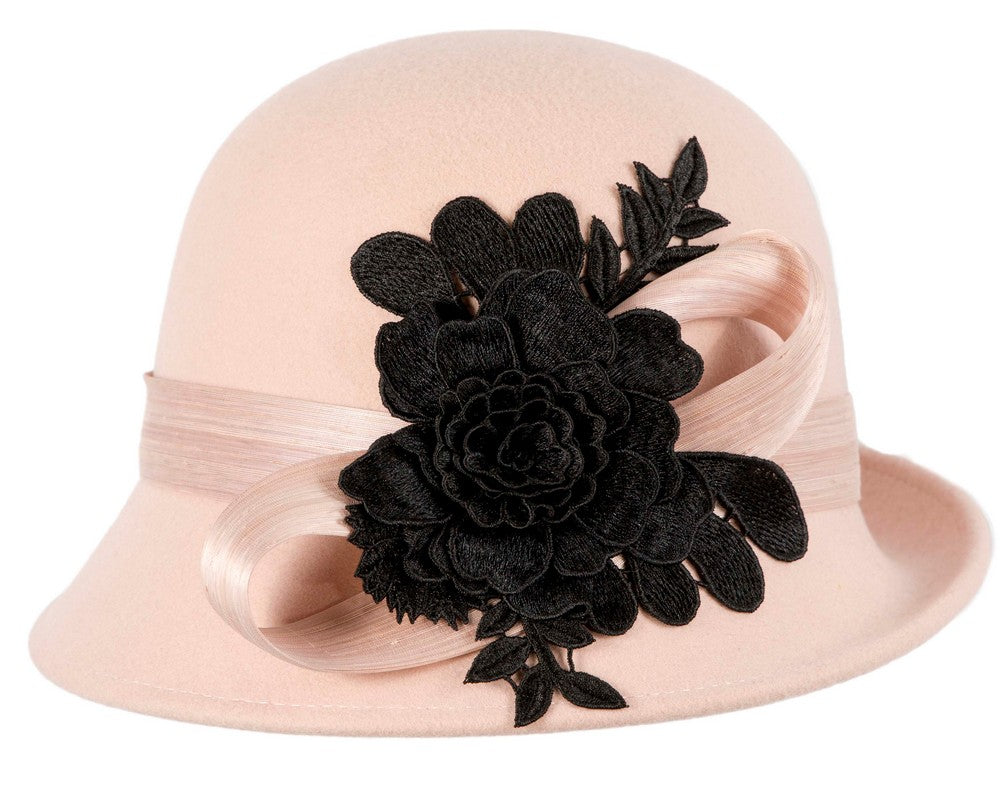 Beige felt cloche hat with lace by Fillies Collection-3