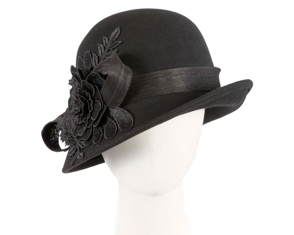 Black felt cloche hat with lace by Fillies Collection-0