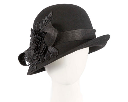 Black felt cloche hat with lace by Fillies Collection-0