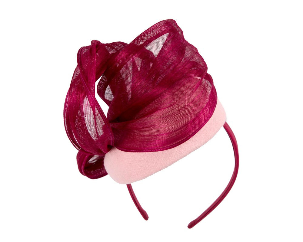 Bespoke pink burgundy pillbox with bow by Fillies Collection