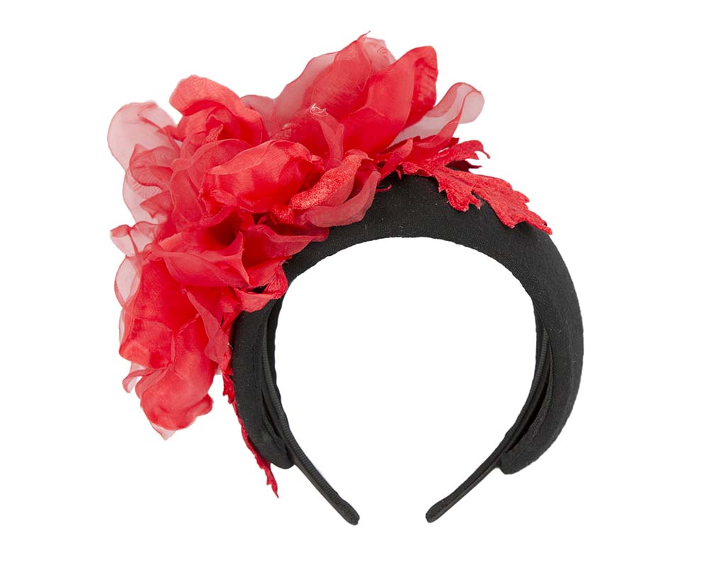 Wide black headband with red silk flower