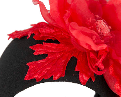 Wide black headband with red silk flower
