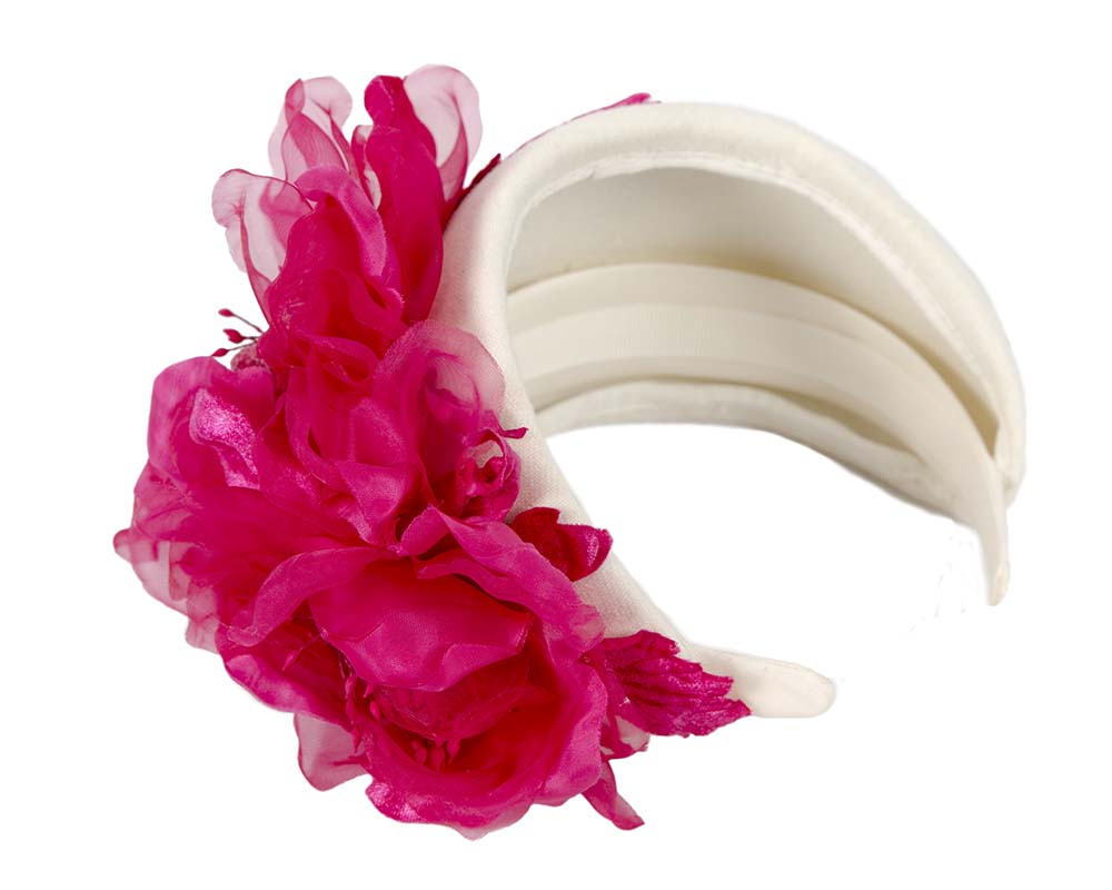 Wide cream headband with fuchsia silk flower