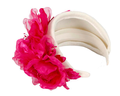 Wide cream headband with fuchsia silk flower