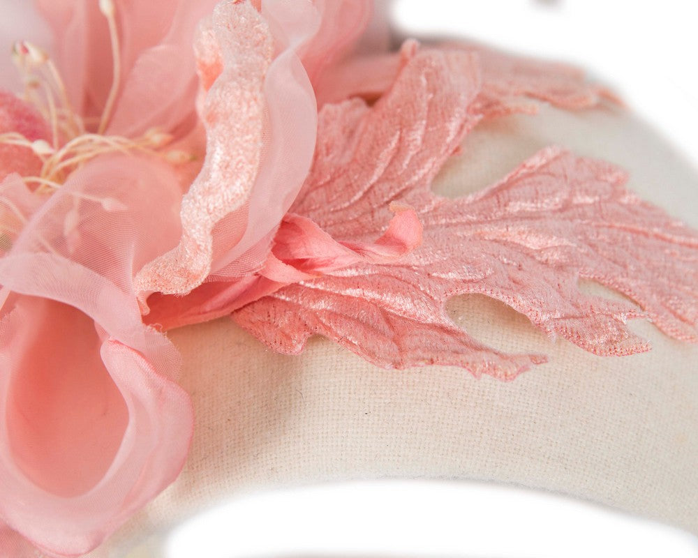 Wide cream headband with pink silk flower