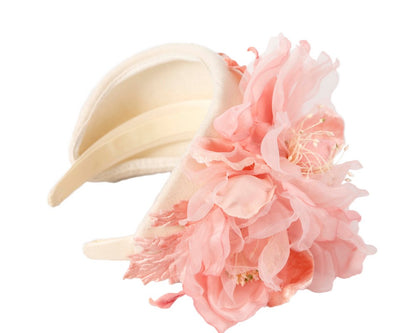 Wide cream headband with pink silk flower