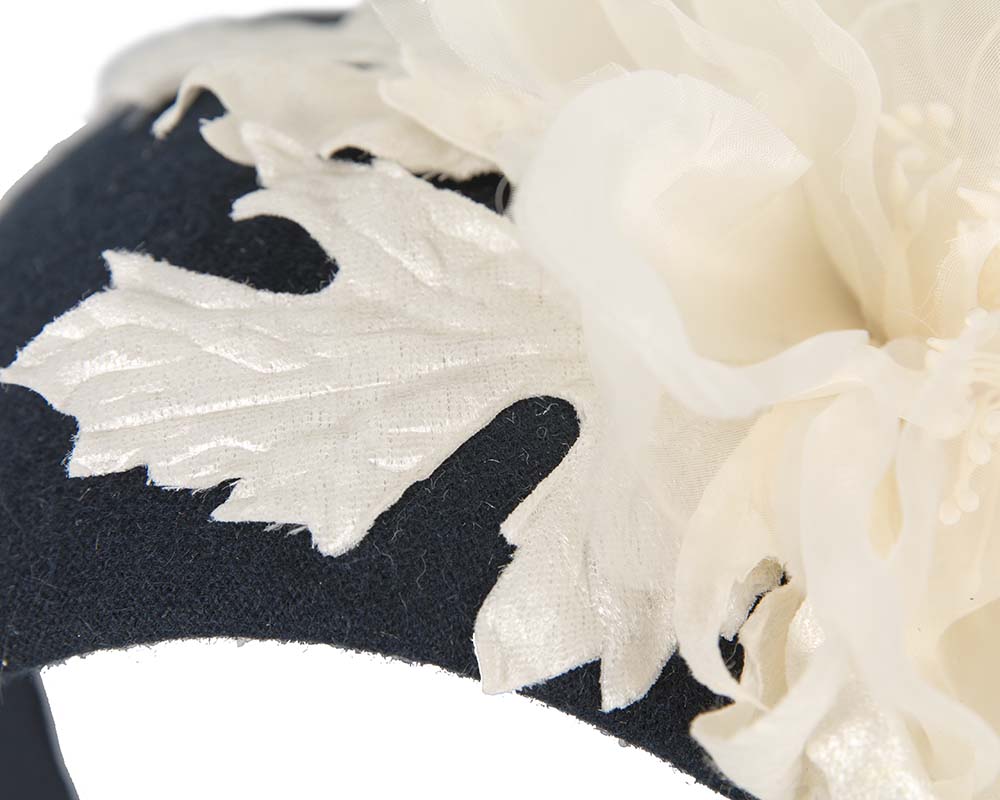Wide navy headband with cream silk flower-2